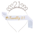 Finally 21 birthday set featuring a sparkling rhinestone crown and white satin sash - Silver Headband + White Sash