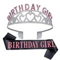 Kit fête Birthday Girl avec diadème en cristal argenté et écharpe en satin noir et rose - Magenta with Black Printed