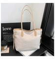 White fleece tote bag with brown leather straps and decorative drawstring side details - Khaki