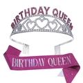 Ensemble Birthday Queen avec couronne en strass rose et écharpe scintillante de fête - Magenta with Glitter Sash