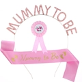 Set future maman rose avec serre-tête strass, écharpe en satin et badge futur papa - MUMMY Ensemble Rose