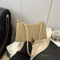Chic beige woven tote bag with V-shaped texture and leather strap for summer style - With Pendant / Khaki