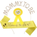 Kit écharpe Mommy to Be jaune avec badge Daddy to be et serre-tête en strass dorés - Ensemble jaune 3 pièces