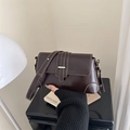 Dark brown patent leather shoulder bag with white contrast stitching and gold hardware - Dark Brown