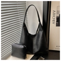 Bolso hobo grande negro mate con neceser a juego en cuero sintético granulado minimalista - Negro