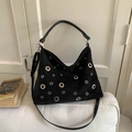 Large vintage black faux suede tote bag with silver metal eyelets and crossbody strap - Black - Without Pendant