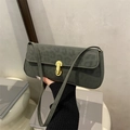 Dark green leopard embossed suede shoulder bag with elegant gold U-shaped metal clasp - Green