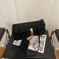 Black faux suede baguette bag with dark leopard print and gold oval buckle detail - Black