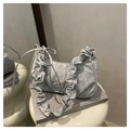 Cold grey marble-patterned crescent bag with metallic butterfly buckle and ruffled handle - Silver
