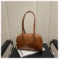 Detailed view of a brown faux leather shoulder bag with metallic buckle and slim straps - Brown Without Pendant