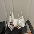 Minimalist white faux leather shoulder bag with glossy finish and cute calf charm - White