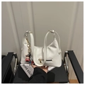 White vintage oil wax leather shoulder bag with chic cartoon charm and dual straps - White