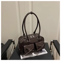 Fashion vintage dark brown patent leather shoulder bag with large bow and round handles - Coffee