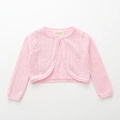 Close-up of pink hollow knit cardigan for girls with scalloped lace collar and single button - 90cm / Pink