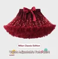Detail of red tutu skirt with gold stars, adjustable waist and satin bow decoration - Wine Red With Stars