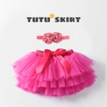 Pink layered mesh tutu skirt for baby girls with matching floral headband set - S (0-6 Months) / Bottoms / Rose Red
