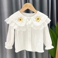 Blusa blanca de manga larga para niña con cuello de volantes y bordado de flores - 80 / Blanco
