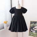 Elegant black French square neck puff sleeve princess dress for girls in casual setting - 90cm / Black