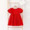 French square neck girl's dress with puff sleeves in vibrant red holiday style - 90cm / Red