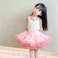 Rosa gestufter Tüllrock mit weißem Strickoberteil für Mädchen im süßen Prinzessin-Stil - Rosa Tutu-Rock / 80cm