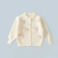 Detail of cream knit cardigan with pink mesh bows and pearl buttons for girls - 80cm / White Knitted Cardigan