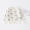 Girls' knit cardigan in cream white with brown star patterns and button closure - White Stars Style / 120cm