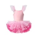 Pink girl's ballet tutu dress with tiered mesh skirt and ruffled shoulder straps - Top And Bottom / Pink Gradient Flutter Sleeve / XS-90CM