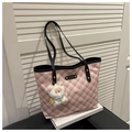 Bolso tote de cuadros rosas con correas negras y un colgante de oso de peluche - Con Colgante / Negro Con Colgante