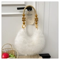 White faux fur tote bag with wooden beads and khaki woven handle in bohemian style - White