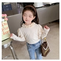Abito beige a maniche lunghe per bambine con colletto a balze e maniche a sbuffo - L (105-115cm) / Top Bianco Riso di Base
