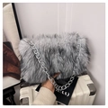 Chic faux fur shoulder bag in mixed grey-black with a chunky silver chain strap - White