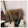 Brown faux fur shoulder bag with silver chunky chain strap in soft plush texture - Khaki