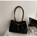 Minimalist black faux suede large tote bag with brown leather handles and buckle detail - Black