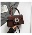 Dark brown suede handbag with large crystal buckle and stylish pleated handle - Coffee
