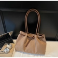 Brown faux suede oversized tote bag with minimalist drawstring detail and top handles - Khaki