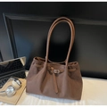 Dark brown suede tote bag with long handles and decorative silver buckle detail - Coffee
