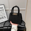 Retro black faux suede matte handbag with gold twist lock and adjustable shoulder strap - Black