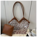 Vue détaillée du sac cabas transparent en PVC à motif cerise avec pochette intérieure brune - Marron