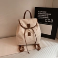 Zaino chic in tela beige con finiture in pelle marrone e chiusura a coulisse - Bianco Sporco