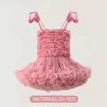 Watermelon red starry tutu dress for girls with pink pom-pom straps and layered mesh - XS (90cm) / Top And Bottom / Watermelon Red (2026 New Style)