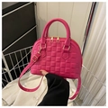 Quilted rose red satchel bag with embossed checkered pattern and gold zippers - Rose Red