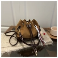 Brown frosted suede bucket bag with braided handle and drawstring closure - Brown with Pendant