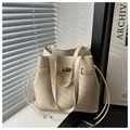 Detail of a minimalist cream tote bag showing the gold metal twist lock and leather texture - White