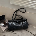 Chic black glossy cylinder boston bag with adjustable straps on checkered fabric - Black