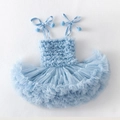 Close-up of light blue tutu dress with layered mesh skirt and cute pom-pom ribbon straps - XS (90cm) / Dress (Pompom Style) / Sky Blue