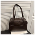 Retro dark brown PU leather tote bag with long straps and silver zipper closure - Coffee