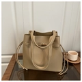 Classic large capacity khaki leather bucket bag with gold lock and drawstring detail - Khaki