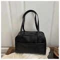 Minimalist black PU leather tote bag with silver zipper and shoulder straps - Black