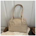 Retro cream beige large PU leather shoulder bag with front pocket and zip closure - Khaki