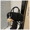 Retro black leopard print suede cylinder handbag with a cute plush charm accessory - Black With Pendant